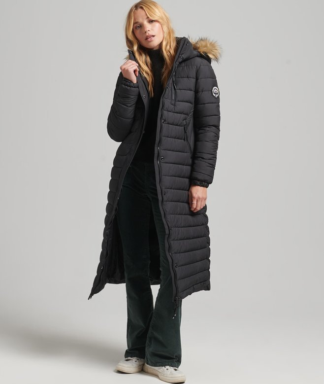 Długi, lekko wyściełany płaszcz Puffer z kapturem Hooded z sztucznego futra Długi, lekko wyściełany płaszcz Puffer z kapturem Hooded z sztucznego futra