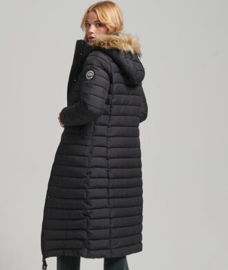 Długi, lekko wyściełany płaszcz Puffer z kapturem Hooded z sztucznego futra