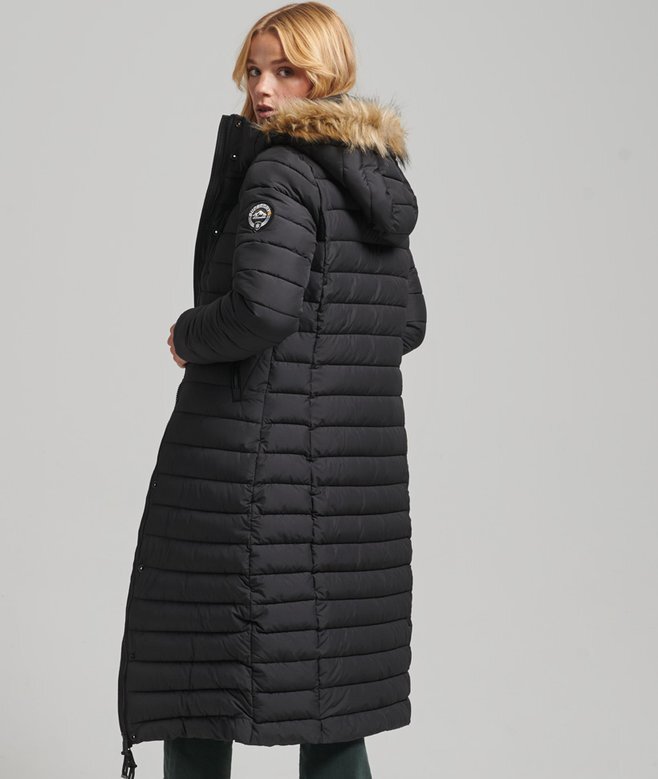 Długi, lekko wyściełany płaszcz Puffer z kapturem Hooded z sztucznego futra Długi, lekko wyściełany płaszcz Puffer z kapturem Hooded z sztucznego futra