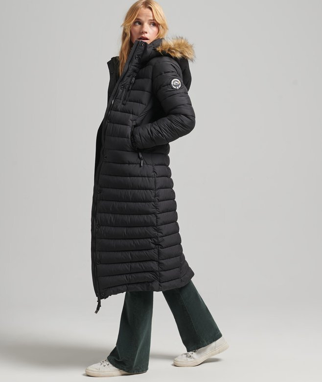 Długi, lekko wyściełany płaszcz Puffer z kapturem Hooded z sztucznego futra Długi, lekko wyściełany płaszcz Puffer z kapturem Hooded z sztucznego futra