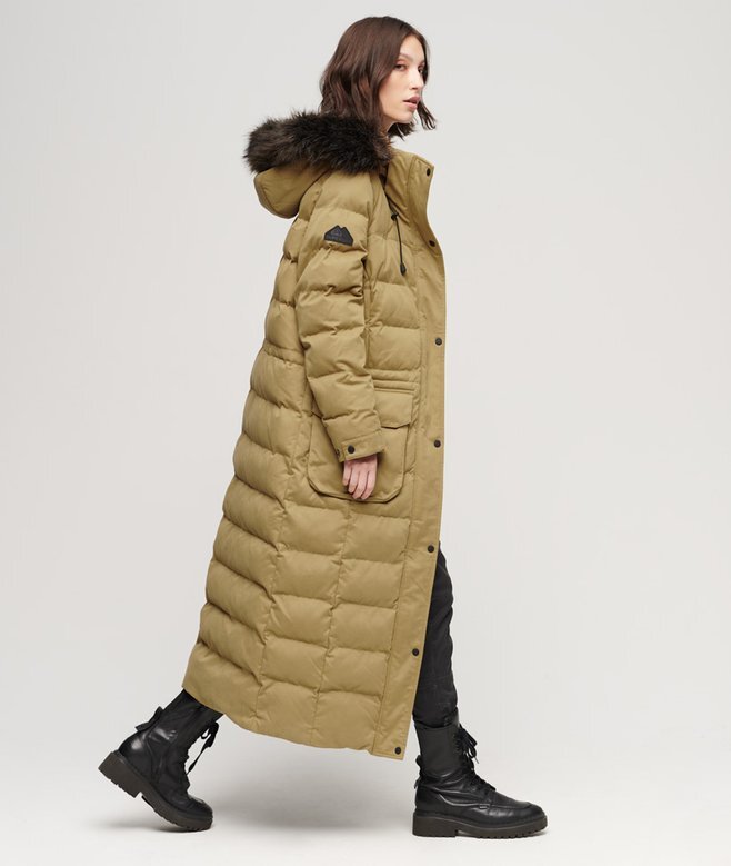 Hooded longline coat with faux fur hood Hooded longline coat with faux fur hood