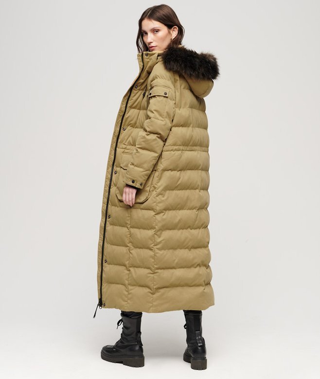Hooded longline coat with faux fur hood Hooded longline coat with faux fur hood