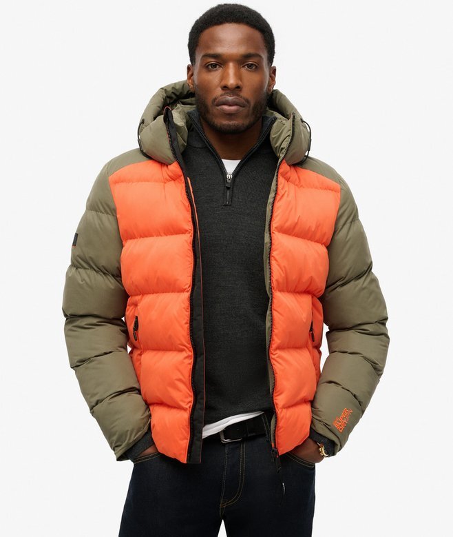 Kurtka Puffer sportowa z kapturem w stylu sportowym z blokami kolorów Kurtka Puffer sportowa z kapturem w stylu sportowym z blokami kolorów