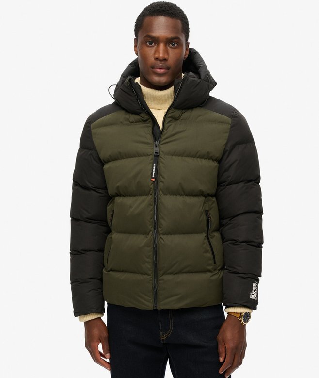 Kurtka Puffer sportowa z kapturem w stylu sportowym z blokami kolorów Kurtka Puffer sportowa z kapturem w stylu sportowym z blokami kolorów