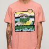 Luźny T-shirt z neonowym nadrukiem podróżniczym