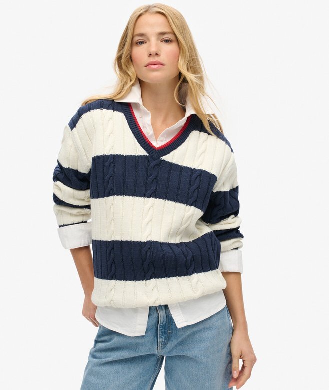 Sweter oversize w paski z dekoltem w serek Sweter oversize w paski z dekoltem w serek