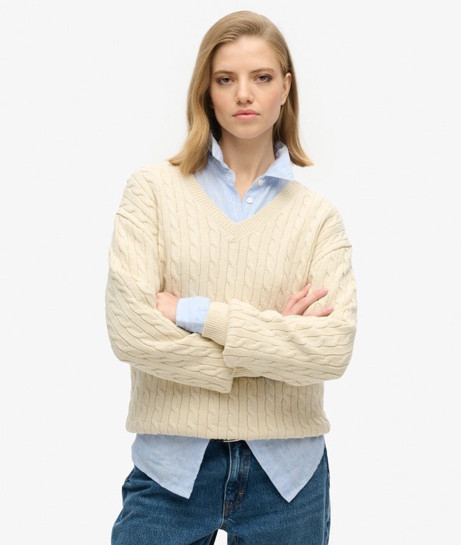 Sweter z dzianiny warkoczowej z dekoltem w serek w stylu oversize Sweter z dzianiny warkoczowej z dekoltem w serek w stylu oversize