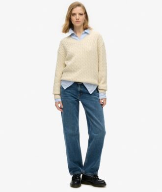 Sweter z dzianiny warkoczowej z dekoltem w serek w stylu oversize Sweter z dzianiny warkoczowej z dekoltem w serek w stylu oversize