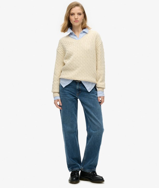 Sweter z dzianiny warkoczowej z dekoltem w serek w stylu oversize Sweter z dzianiny warkoczowej z dekoltem w serek w stylu oversize