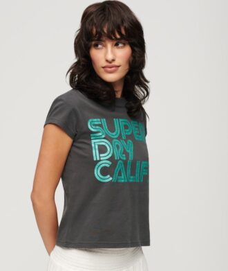 T-shirt z logo w stylu retro z brokatem