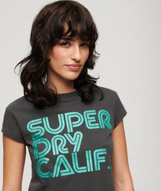 T-shirt z logo w stylu retro z brokatem
