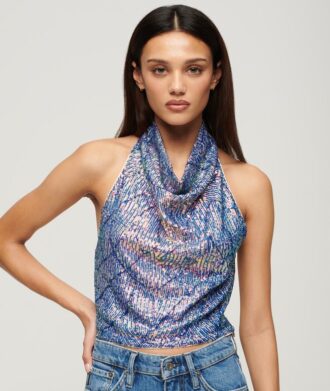 Top z cekinami i dekoltem typu cowl neck