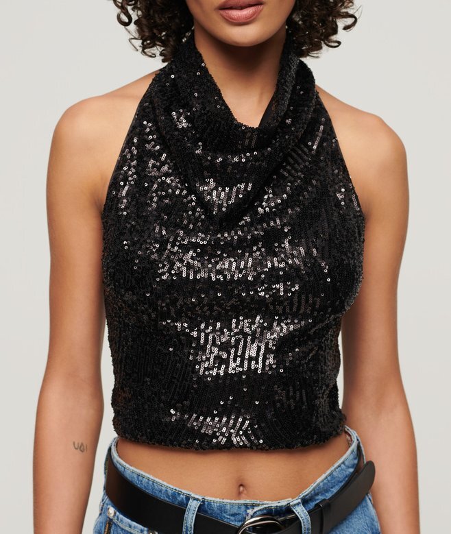 Top z cekinami i dekoltem typu cowl neck Top z cekinami i dekoltem typu cowl neck